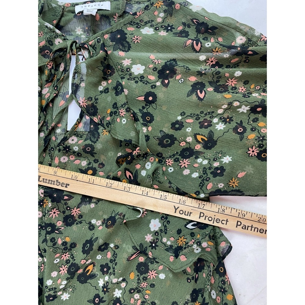 Topshop Blouse Women's Size 4 Green Floral Ruffles Long Sleeve Sheer Soft Top - Picture 6 of 11
